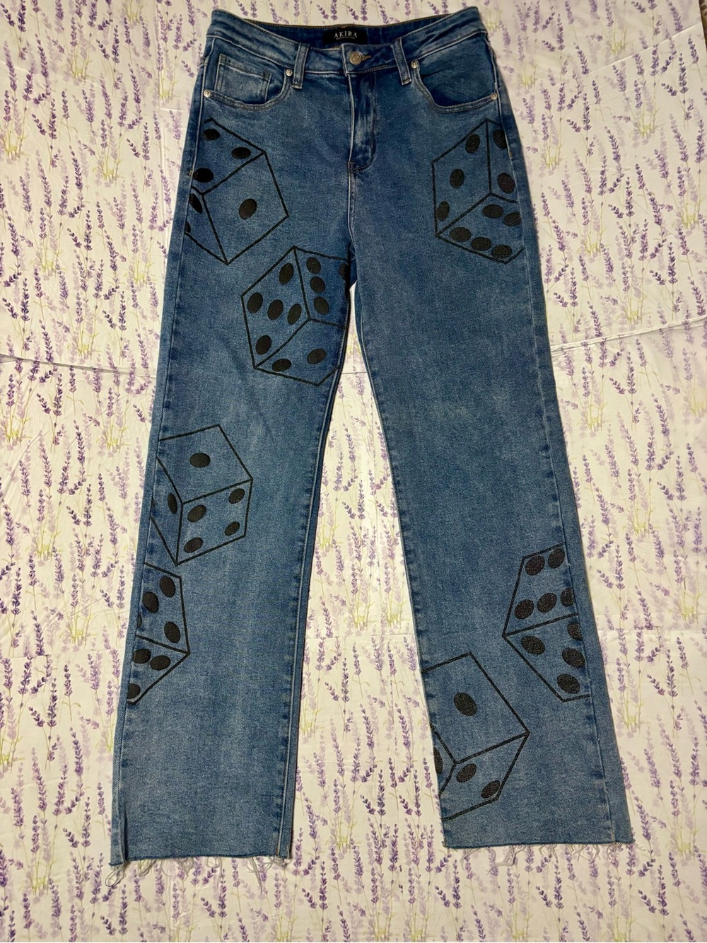 AKIRA Blue Denim Straight-Leg Jeans with Black Dice Print (28)